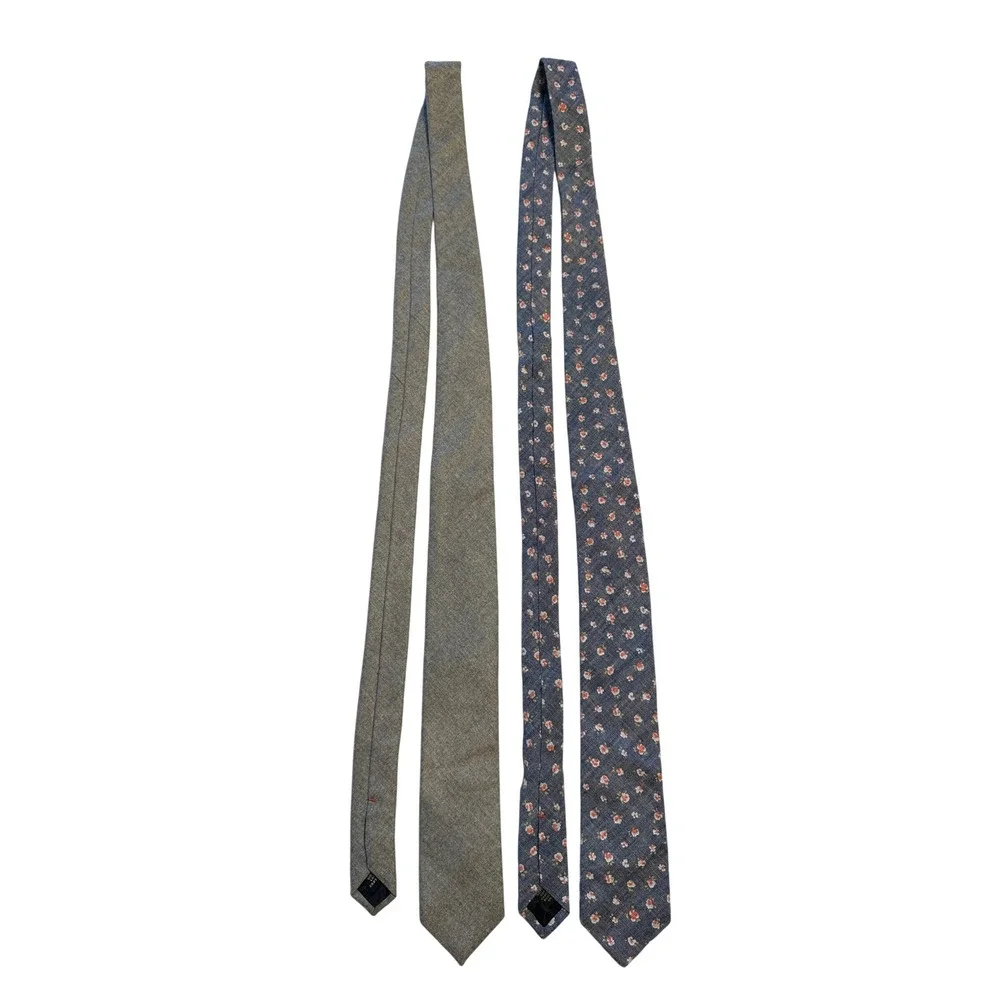 J. Crew Mens Tie Bundle Grey Wool & Blue Floral Cotton Handmade‎ USA Necktie Set